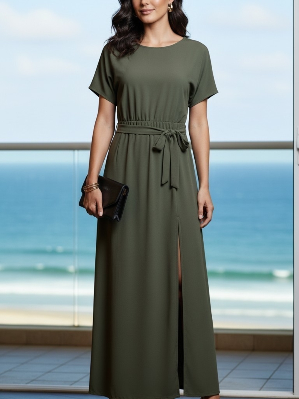 Olive Green Short-Sleeve Maxi Dress with Waist Tie